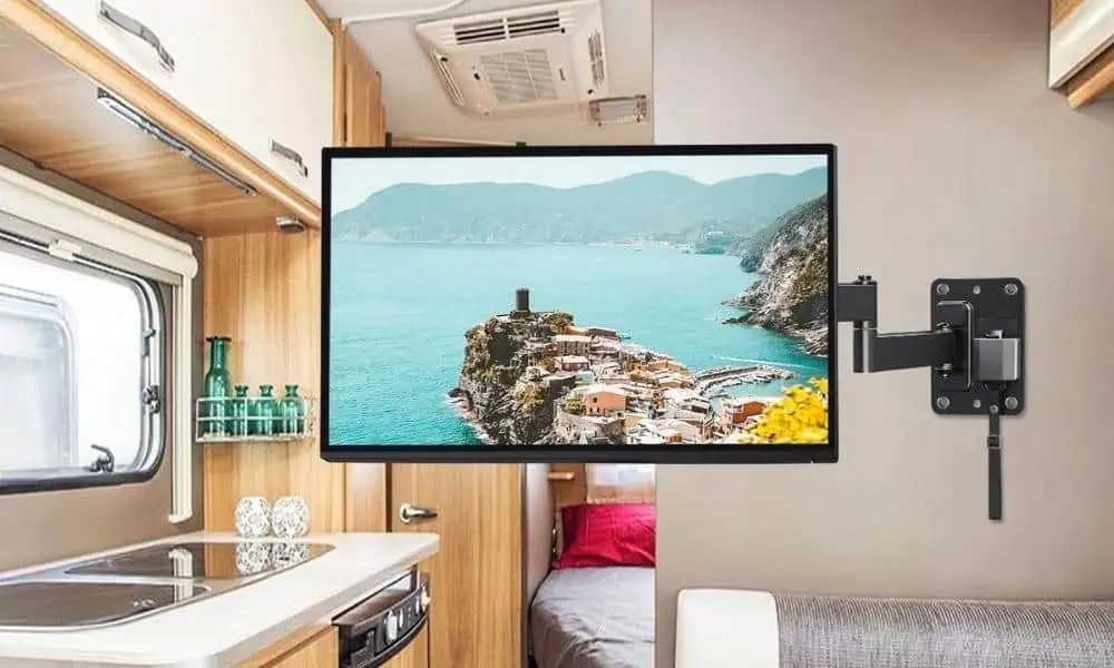 Fully extended Mounting Dream MD2209 RV TV mount near an RV's kitchen sink