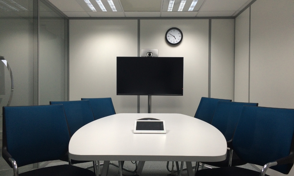 Conference room with blue furniture