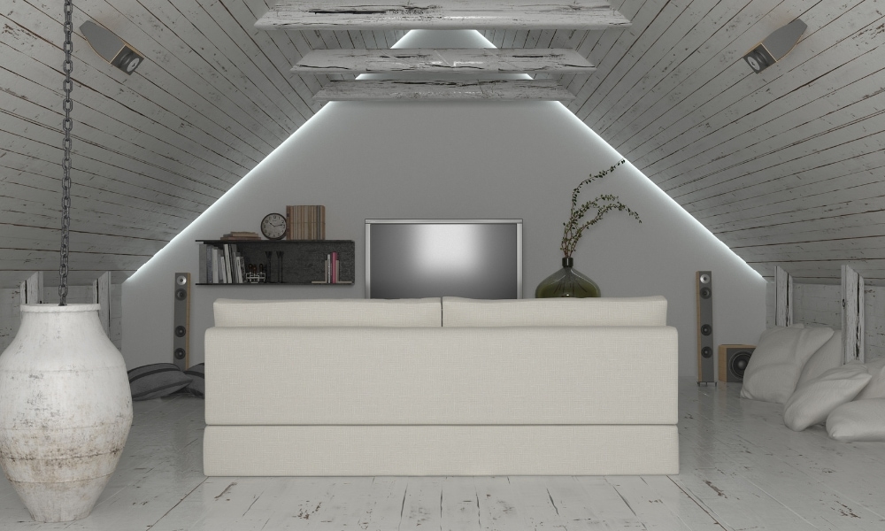Home theater speaker system on pitched roof house