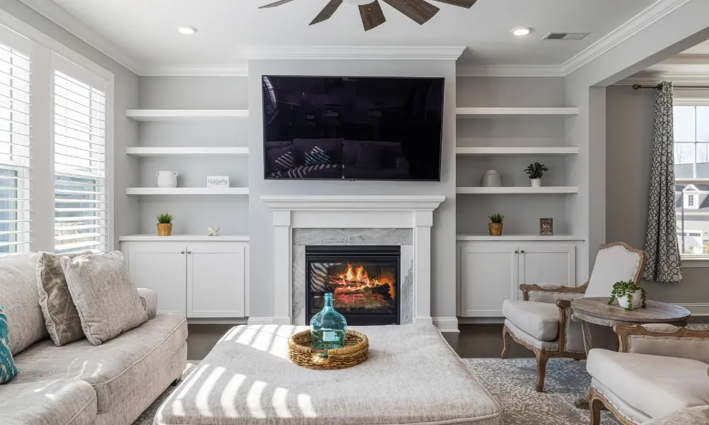 A living room with fireplace