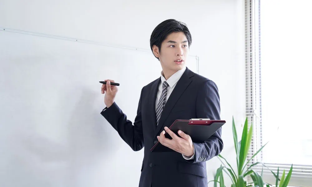 Office member practicing for presentation